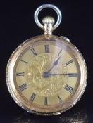 Unnamed 18ct gold keyless winding open faced pocket watch with blued hands, black Roman numerals,