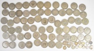 920g pre 1947 silver coinage comprising 66 half crowns and four 3d coins, together with 49g pre 1920