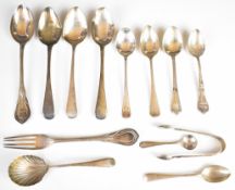 Georgian and later hallmarked silver cutlery to include a scoop with shell shaped bowl and feather