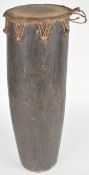 19th / early 20thC Ghana African tribal carved drum with hide skin and wooden peg strainers H53cm