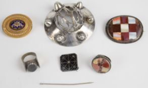 A large silver brooch / kilt pin (63g), Victorian gold plated brooch, agate brooch and ring,