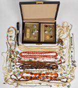 A collection of jewellery including pearl necklace, beads, vintage earrings, filigree earrings,