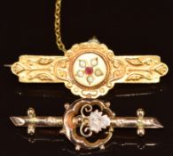 Two 9ct gold brooches, one set with paste with embossed decoration and with locket compartment verso