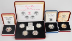 Seven Royal Mint cased proof silver £1 coins and sets comprising 1984 - 1987 £1 collection and