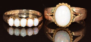 A 9ct rose gold ring set with five opals (London 1901) and a 9ct gold ring set with an opal
