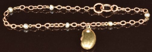A 9ct rose gold bracelet set with natural pearls, with kidney bean charm set with a split pearl, 5.