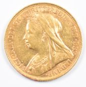 1900 Queen Victoria gold full sovereign with veiled head and Melbourne mint mark