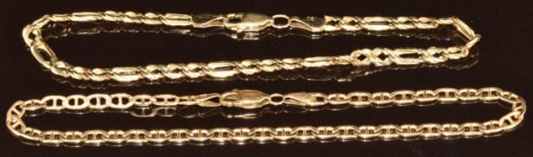 Two 14k gold bracelets, one made up of mariner's links and the other curb link, 8.7g, 20 & 18cm