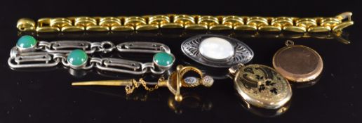 Victorian locket, silver bracelet set with green agate, silver brooch, gold plated bracelet and a