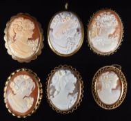 Six 9ct gold brooches set with cameos depicting young women (three with fold in pendant loops),