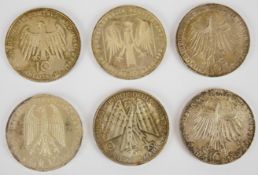 Six German 10 Mark silver commemorative coins comprising two 1972 Olympics and 1990, 1991, 1995