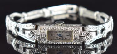 French Art Deco platinum wristwatch set with diamonds to the case and bracelet with blued hands,
