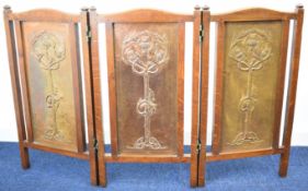 Arts & Crafts Keswick School of Industrial Arts oak peg jointed three fold fire screen, the copper