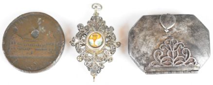 18th / 19thC filigree reliquary pendant with enamel decoration, Georgian cut steel purse / snuff