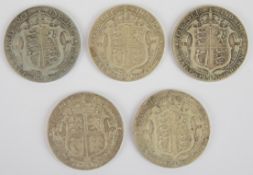 Five Edward VII half crowns comprising two 1906, 1907, 1908 and 1909, weight 70g