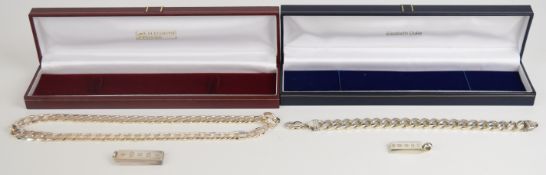 A silver curb link necklace and bracelet, together with two silver ingot pendants, 212g