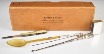 Hallmarked silver items comprising Charles Horner hat pin, button hook, matchbox holder and a
