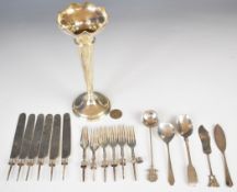 Hallmarked silver items comprising trumpet vase (height 20.5cm), cutlery to include fiddle pattern