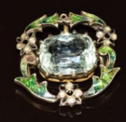 A c1900 pendant set with a cushion cut aquamarine of approximately 8.3ct and enamel, 8.4g, 2.3 x 2.