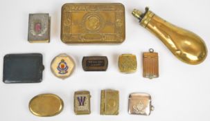 Brass shot flask, WW1 1914 Christmas tin, vestas including enamelled 'W', 'Grand Hotel