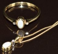 A 9ct gold ring and matching pendant, both set with an opal and diamond, 2.5g, size N