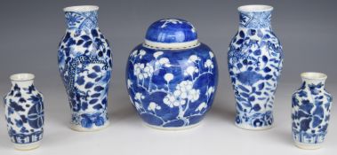 Five Chinese 19th/20thC blue and white items comprising a pair of baluster vases decorated with