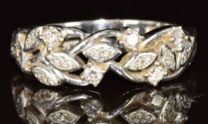 A 9ct white gold ring set with diamonds in a foliate design, 3.3g, size R