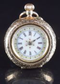 Unnamed 14ct gold keyless winding open faced pocket watch with gold hands, black Roman numerals,