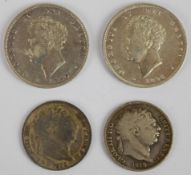 Two George IV shillings comprising 1825 and 1826 together with 1818 and 1819 George III sixpences