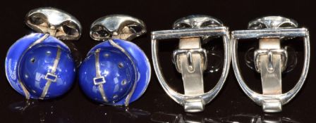 Two pairs of silver cufflinks, one in the form of stirrups and the other polo helmets, by Deakin &