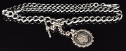 Silver graduated double Albert/ watch chain with T bar and fob, 43.8g, 42.5cm
