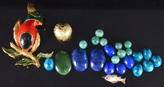 Carven parrot brooch, watch pendant and gemstones