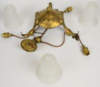 Arts & Crafts / Art Nouveau brass tree branch hanging light with glass shades, diameter 33cm