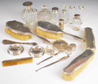 Hallmarked silver mounted dressing table and similar items to include four brushes, cut glass