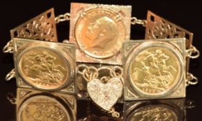 A 9ct gold bracelet set with a 1912 gold full sovereign with Sydney mint mark, a 1907 gold full