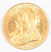 1895 Queen Victoria gold full sovereign with veiled head and Melbourne mint mark