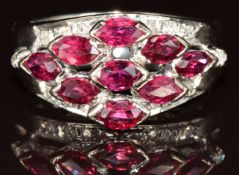 A 9k white gold ring set with marquise cut rubies and diamonds, 6.2g, size M