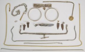 A collection of silver jewellery including Albert/ watch chain, gate bracelet, two bangles, three