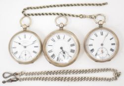 Three silver open faced pocket watches comprising John Masters of Rye, H E Peck of London and one