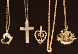 Four 9ct gold chains and three 9ct gold pendants, 9.6g