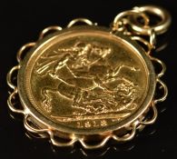 1913 gold full sovereign in 9ct gold mount, 9.9g