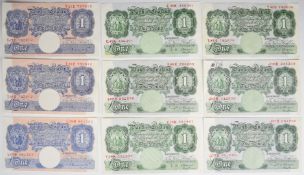 Nine Bank of England K.O. Peppiatt, P.S. Beale and L.K. O'Brien Series A 'Britannia' £1 banknotes,