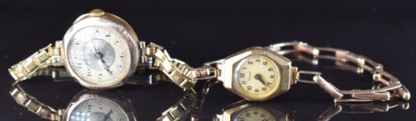 Two 9ct gold ladies watches Pioneer on 9ct gold expanding bracelet (11g) and one other on gold