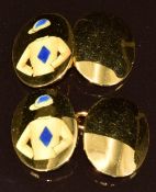 A pair of 9ct gold cufflinks set with enamel depicting jockey silks, by Alabaster & Wilson, 10.1g