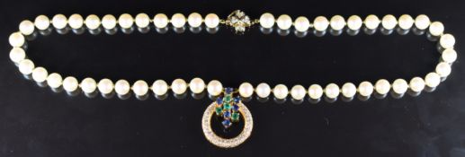 A single strand of cultured pearls with 14k gold spacers, the 14k gold four leaf clover clasp set