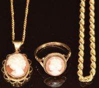 A 9ct gold rope twist necklace (51cm), 9ct gold ring set with a cameo (size N) and a 9ct gold