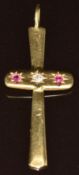 An 18ct gold cross set with an old cut diamond and rubies in star settings, 2.4g, 4.4cm