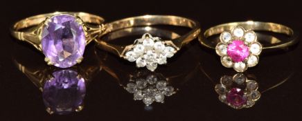 Three 9ct gold rings, one set with an amethyst, one synthetic stones and the other cubic zirconia,