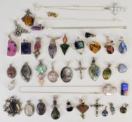 Eighty eight silver pendants including labradorite, abalone, malachite, mother of pearl, amethyst,