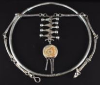 A silver necklace set with agate, and a silver choker necklace, 77g